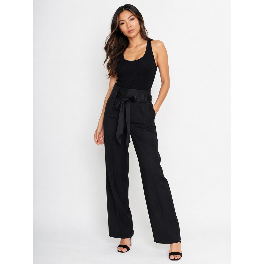 The Kooples Trousers Black Wool Wide Leg Pants Satin Tie Waist Size FR 40/ US 8